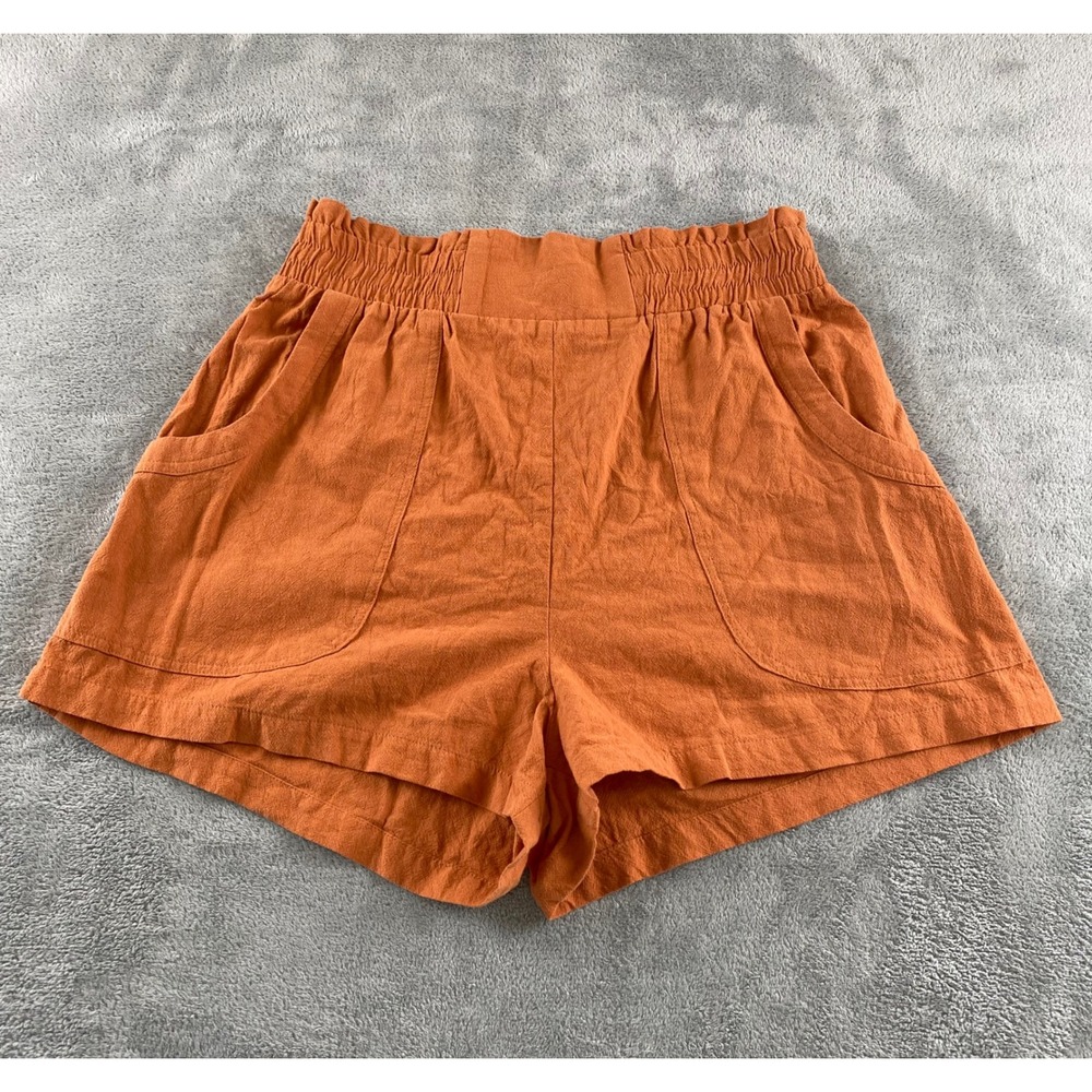Womens Caramel Orange Smocked Paperbag Waist Cotton Shorts High Rise Large